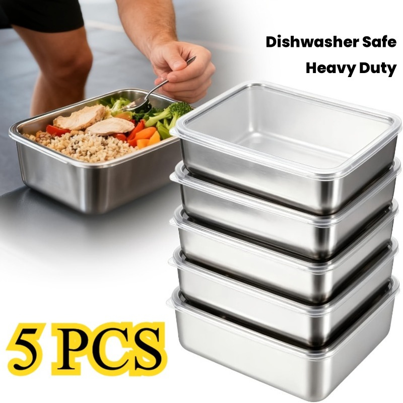 Camping Cooking Organizer - 5-delige set roestvrijstalen voedselcontainers, lekvrij, stapelbaar,